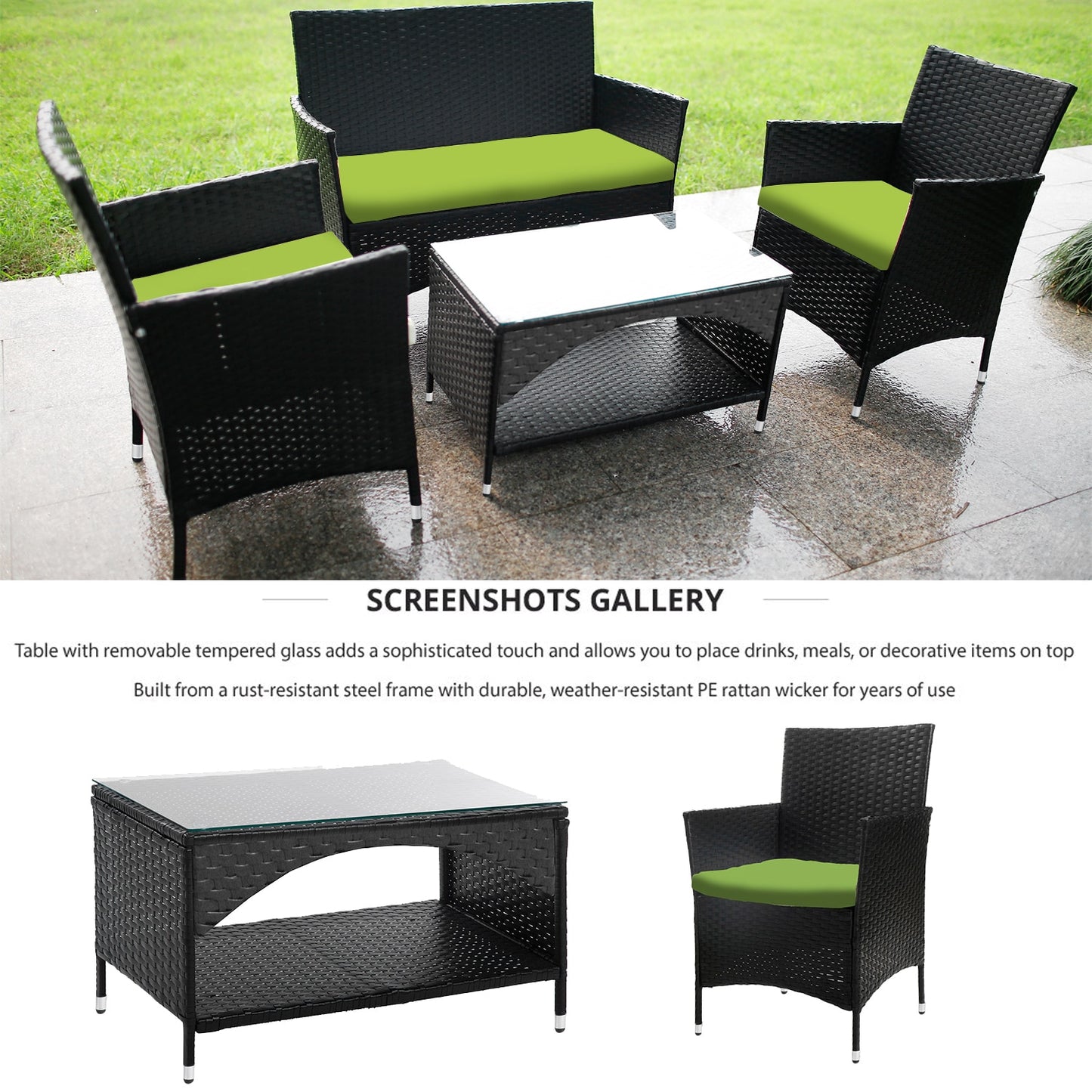 4PCS Patio Furniture Set Outdoor Garden Conversation Black Wicker 2 Armchairs+1 Double Sofa+1 Table w/Green Cushion