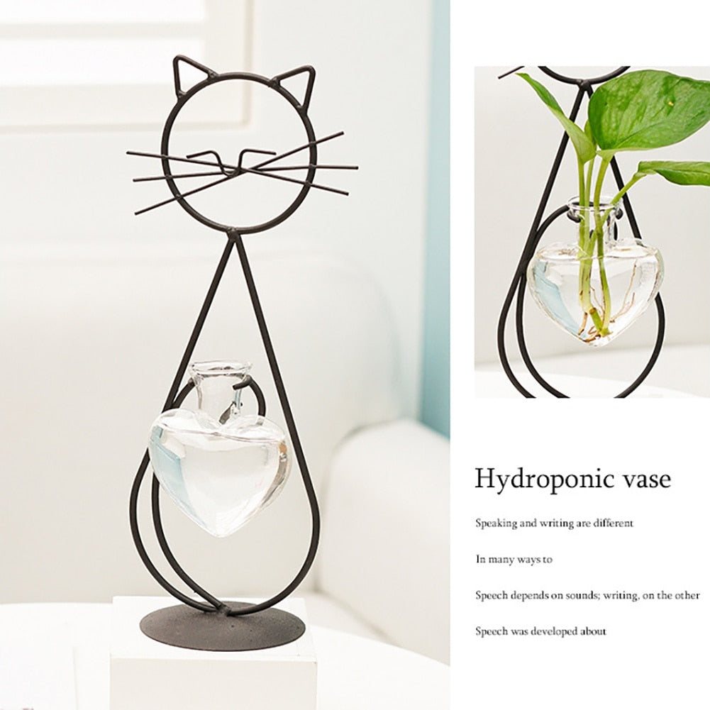 Desktop Glass Planter Vase Holder Creative Cat Plant Terrarium Metal Stand for Hydroponics Plant Home Garden Wedding Decoration