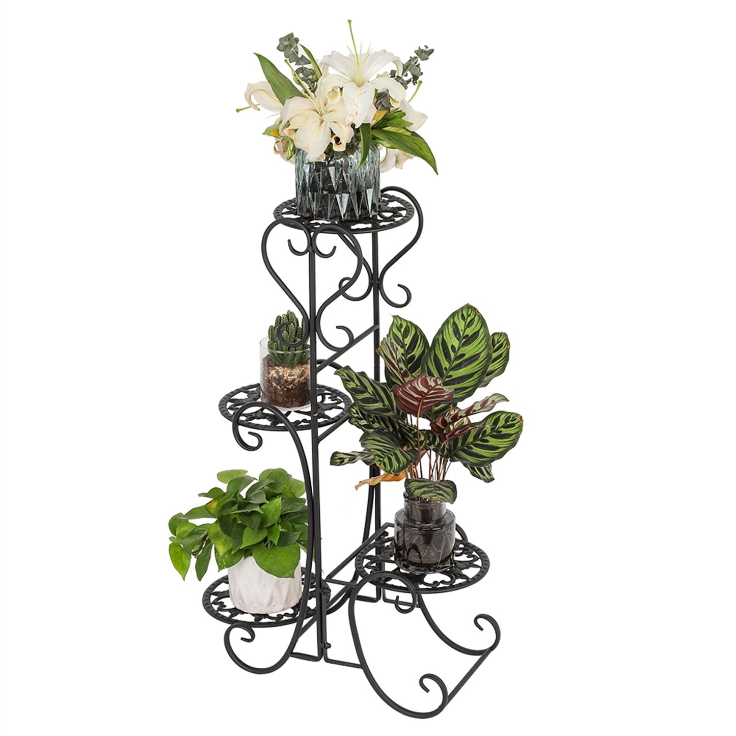 Beautiful Potted Plant Flowers Rack 4 Potted Rounded Flower Metal Shelves Plant Pot Stand Decoration for Indoor / Outdoor Garden