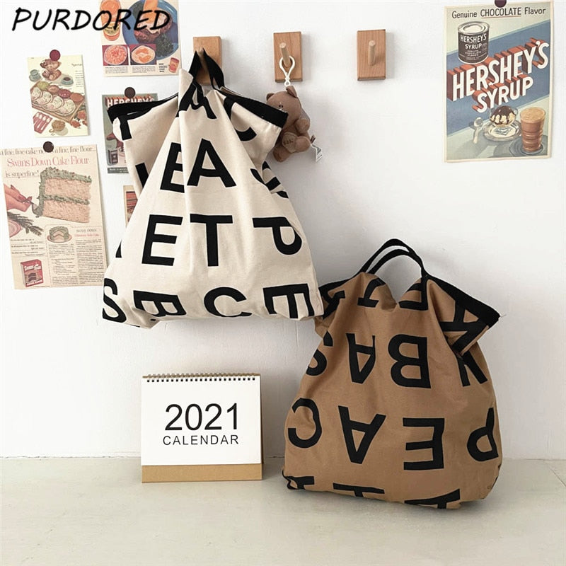 PURDORED 1 Pc Women Large Letter Shopping Bag Canvas Handbag Tote Messenger Casual Female Shoulder Bag Reusable Tote Bolsa