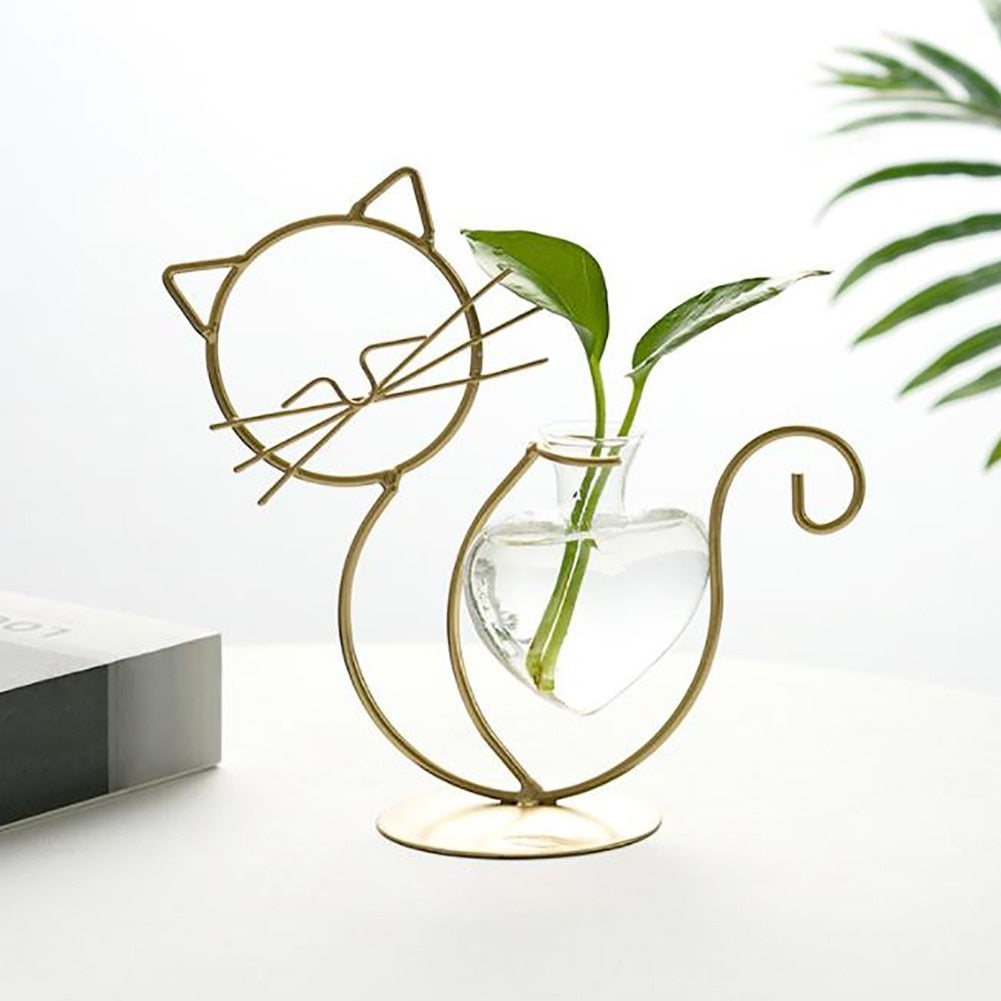 Desktop Glass Planter Vase Holder Creative Cat Plant Terrarium Metal Stand for Hydroponics Plant Home Garden Wedding Decoration