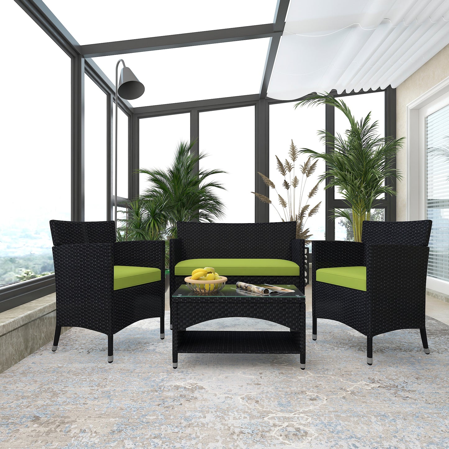 4PCS Patio Furniture Set Outdoor Garden Conversation Black Wicker 2 Armchairs+1 Double Sofa+1 Table w/Green Cushion