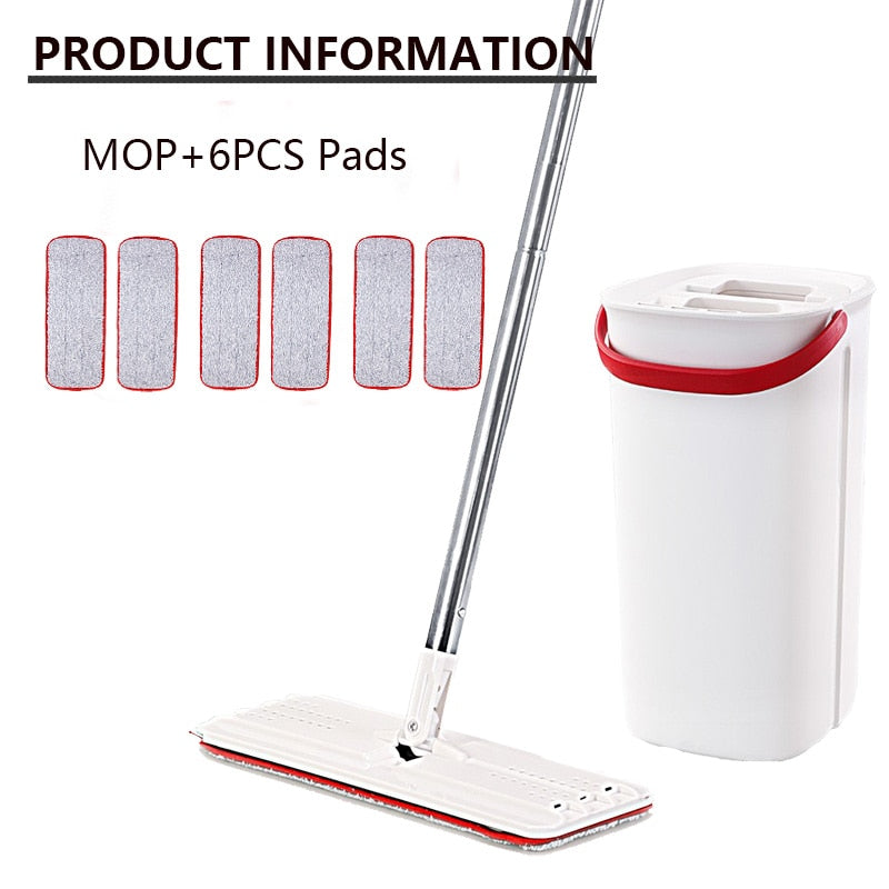 Flat Squeeze Mop with Bucket Hand Free Washing Microfiber Cleaning Cloth for Kitchen Wooden Floor Cleaning