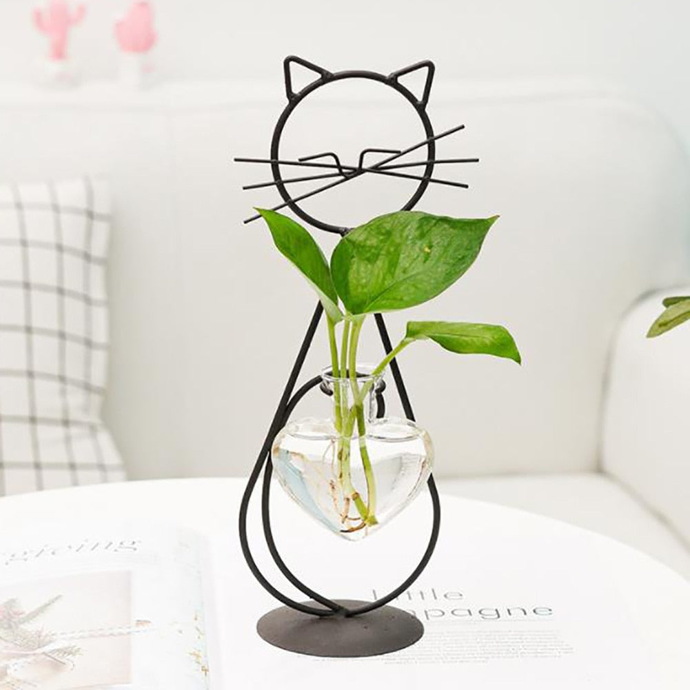 Desktop Glass Planter Vase Holder Creative Cat Plant Terrarium Metal Stand for Hydroponics Plant Home Garden Wedding Decoration