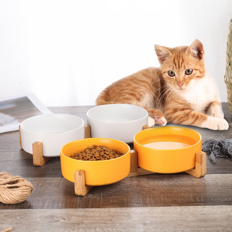 Ceramic Pet Bowl Dish with Wood Stand