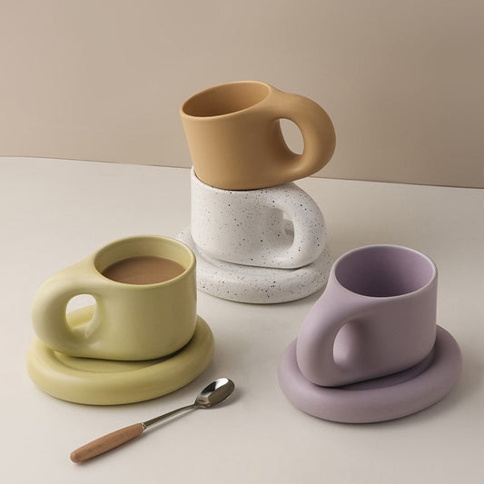 300ml Creative Handmade Fat Handle Mug and Oval Plate Personalized Ceramic Cup Saucer