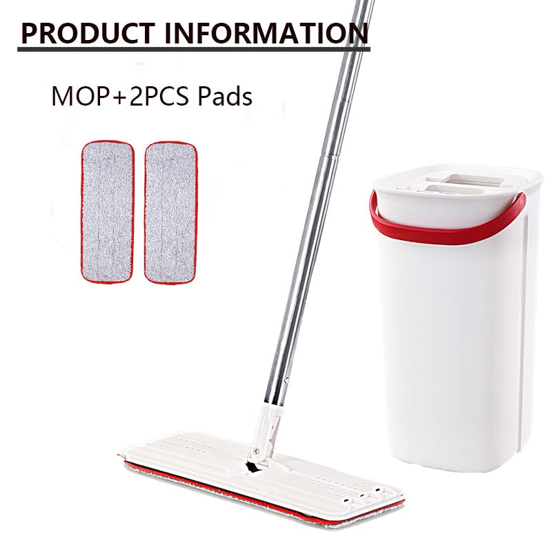 Flat Squeeze Mop with Bucket Hand Free Washing Microfiber Cleaning Cloth for Kitchen Wooden Floor Cleaning