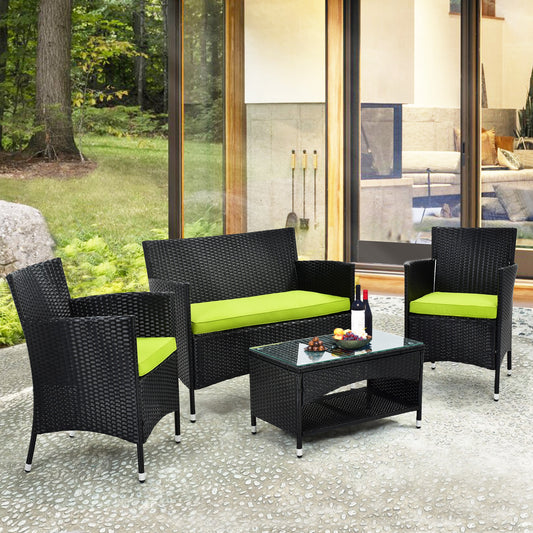 4PCS Patio Furniture Set Outdoor Garden Conversation Black Wicker 2 Armchairs+1 Double Sofa+1 Table w/Green Cushion