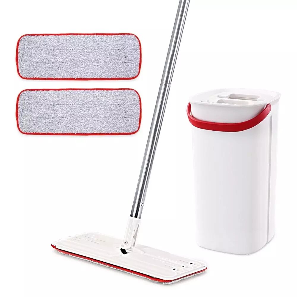 Flat Squeeze Mop with Bucket Hand Free Washing Microfiber Cleaning Cloth for Kitchen Wooden Floor Cleaning