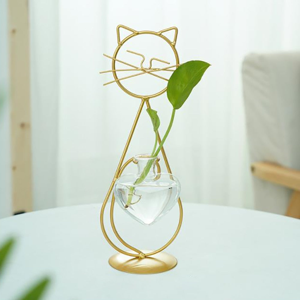 Desktop Glass Planter Vase Holder Creative Cat Plant Terrarium Metal Stand for Hydroponics Plant Home Garden Wedding Decoration