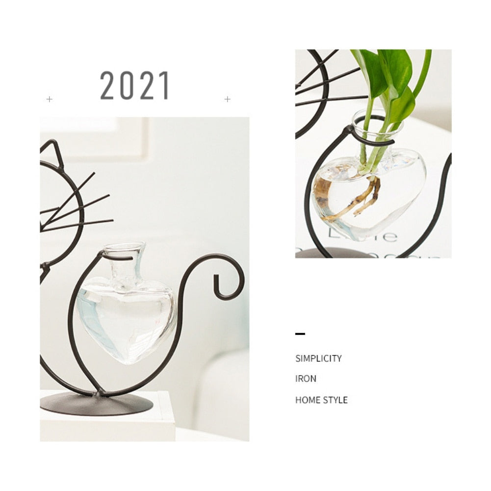 Desktop Glass Planter Vase Holder Creative Cat Plant Terrarium Metal Stand for Hydroponics Plant Home Garden Wedding Decoration