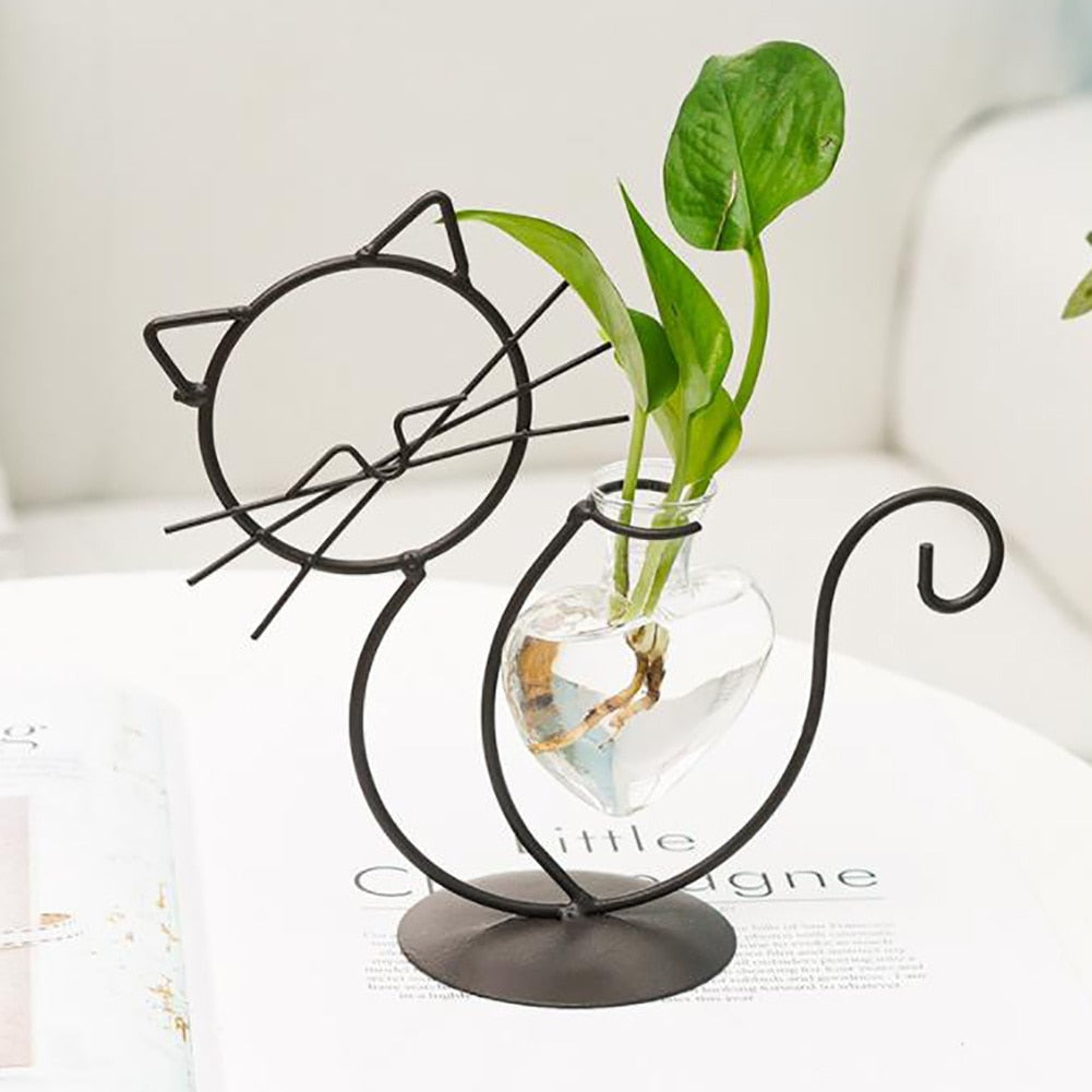 Desktop Glass Planter Vase Holder Creative Cat Plant Terrarium Metal Stand for Hydroponics Plant Home Garden Wedding Decoration