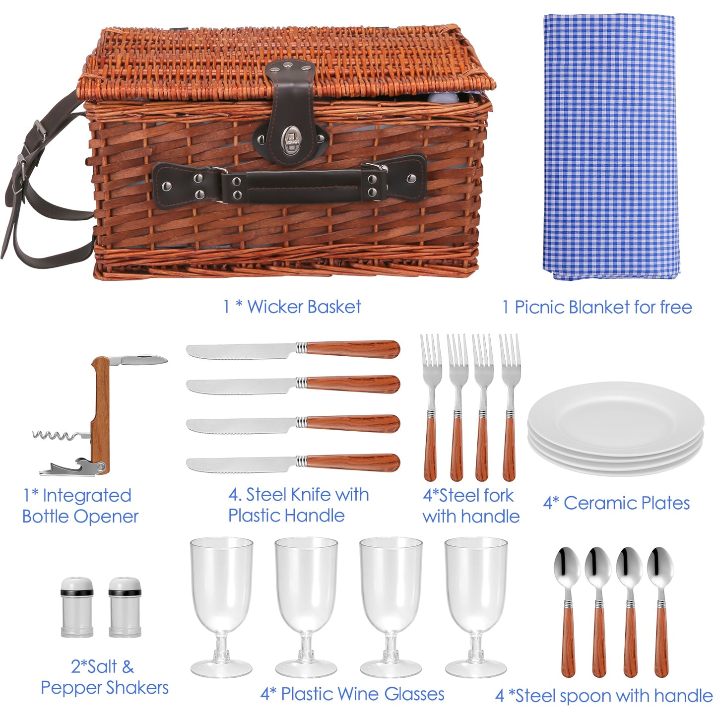 Picnic Basket Panier Osier Picnic Hamper 25 pcs For 4 People Picnic Suitcase Set  Cutlery Ice Bag Organizers Wicker Basket