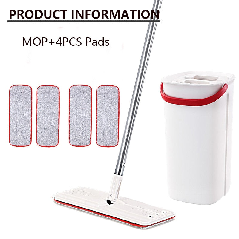 Flat Squeeze Mop with Bucket Hand Free Washing Microfiber Cleaning Cloth for Kitchen Wooden Floor Cleaning