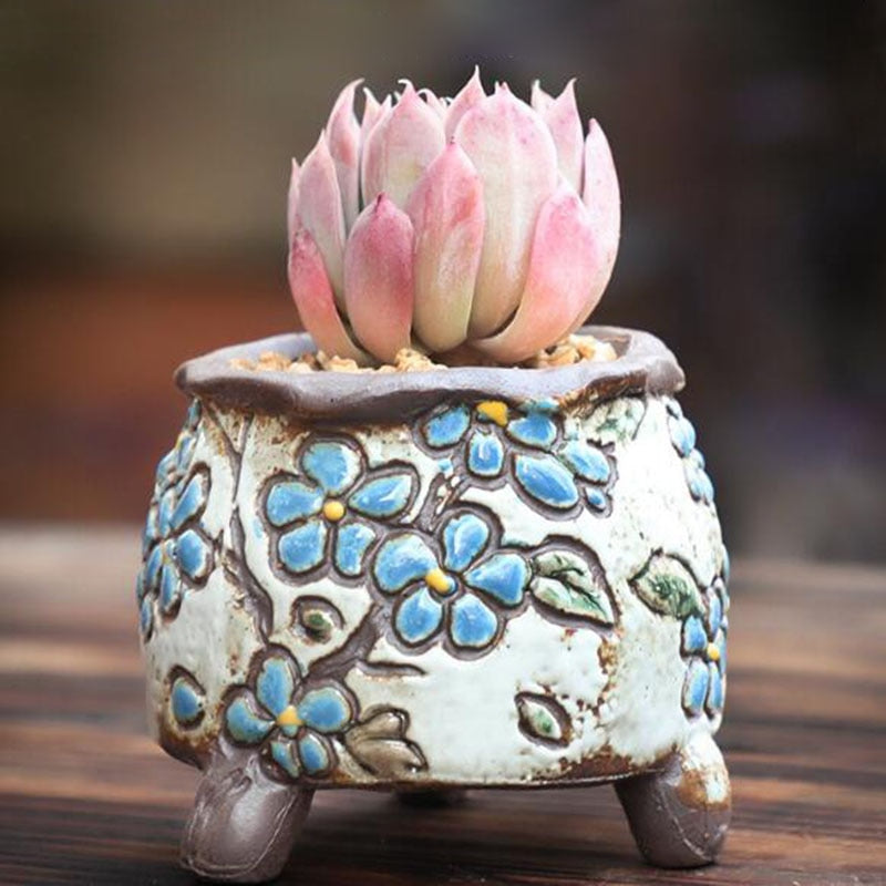 Coarse Pottery Retro Colorful Painted Flower Pot with Foot Stand