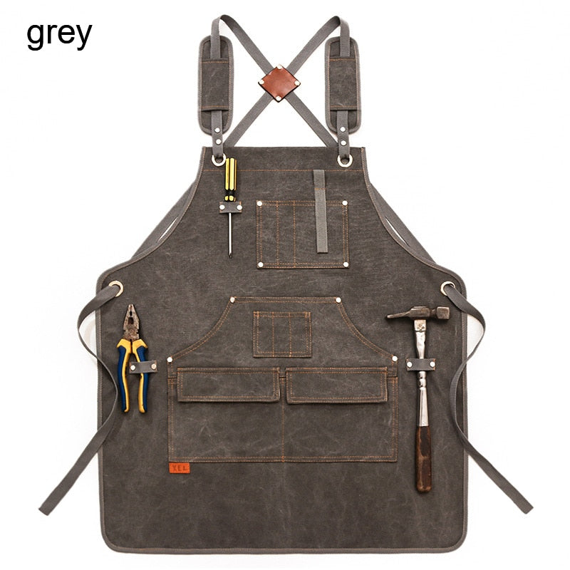 Canvas Work Apron With Tool Pocket - Heavy Duty Crossback Strap Adjustable Apron