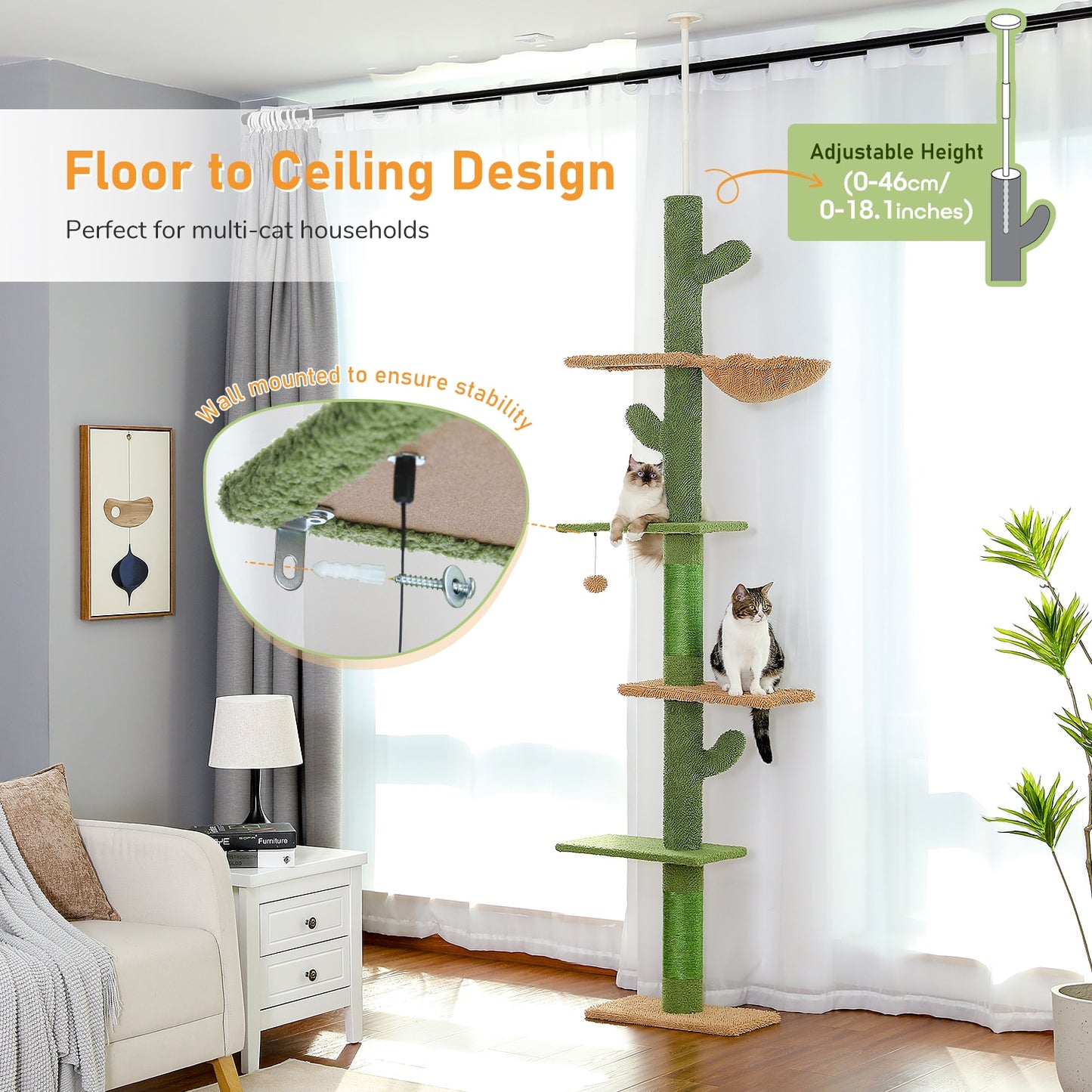 5-Tier Floor to Ceiling Cat Tower Cactus Tall Climbing Tree with Scratching Post