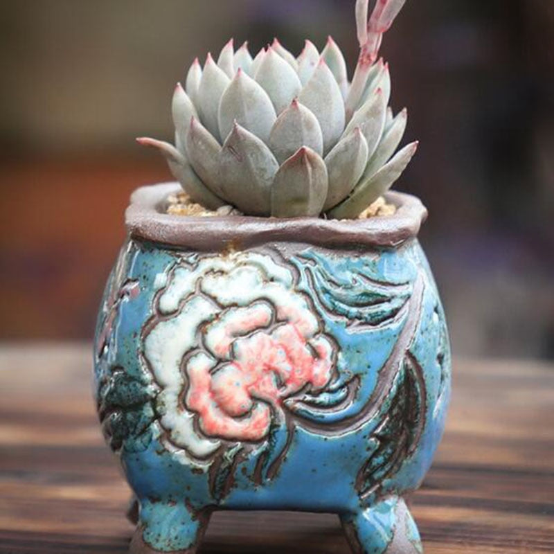 Coarse Pottery Retro Colorful Painted Flower Pot with Foot Stand