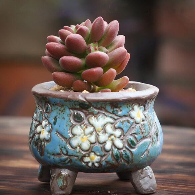 Coarse Pottery Retro Colorful Painted Flower Pot with Foot Stand