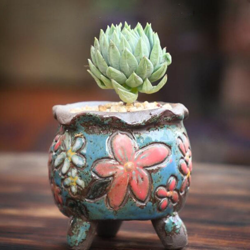 Coarse Pottery Retro Colorful Painted Flower Pot with Foot Stand