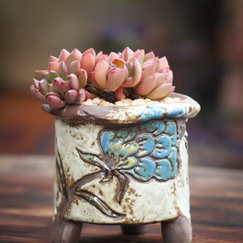 Coarse Pottery Retro Colorful Painted Flower Pot with Foot Stand