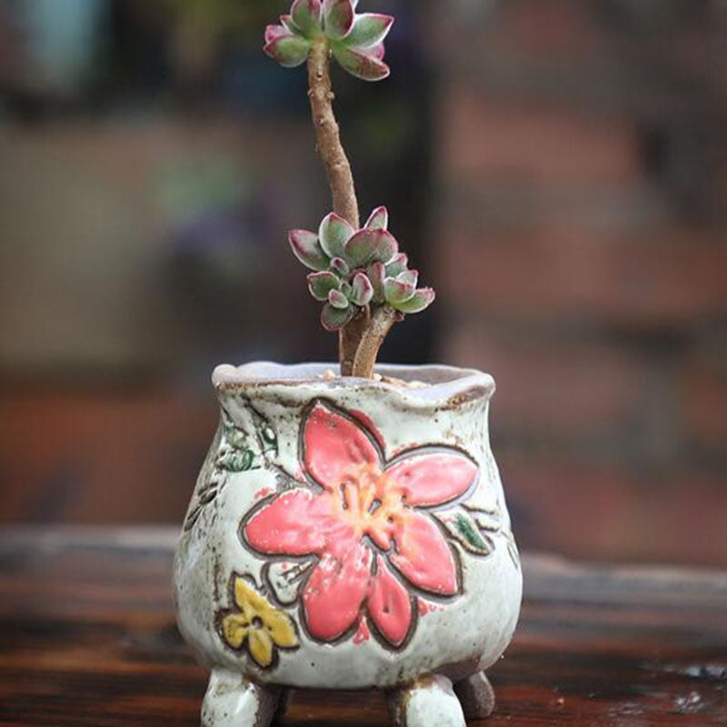 Coarse Pottery Retro Colorful Painted Flower Pot with Foot Stand