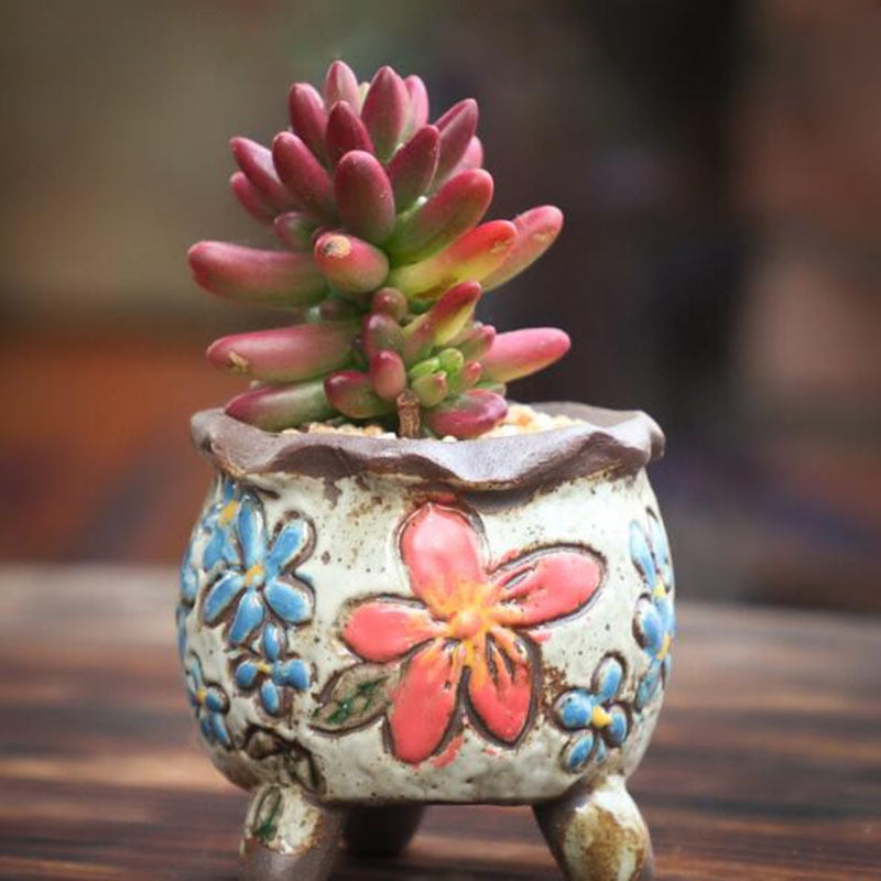 Coarse Pottery Retro Colorful Painted Flower Pot with Foot Stand