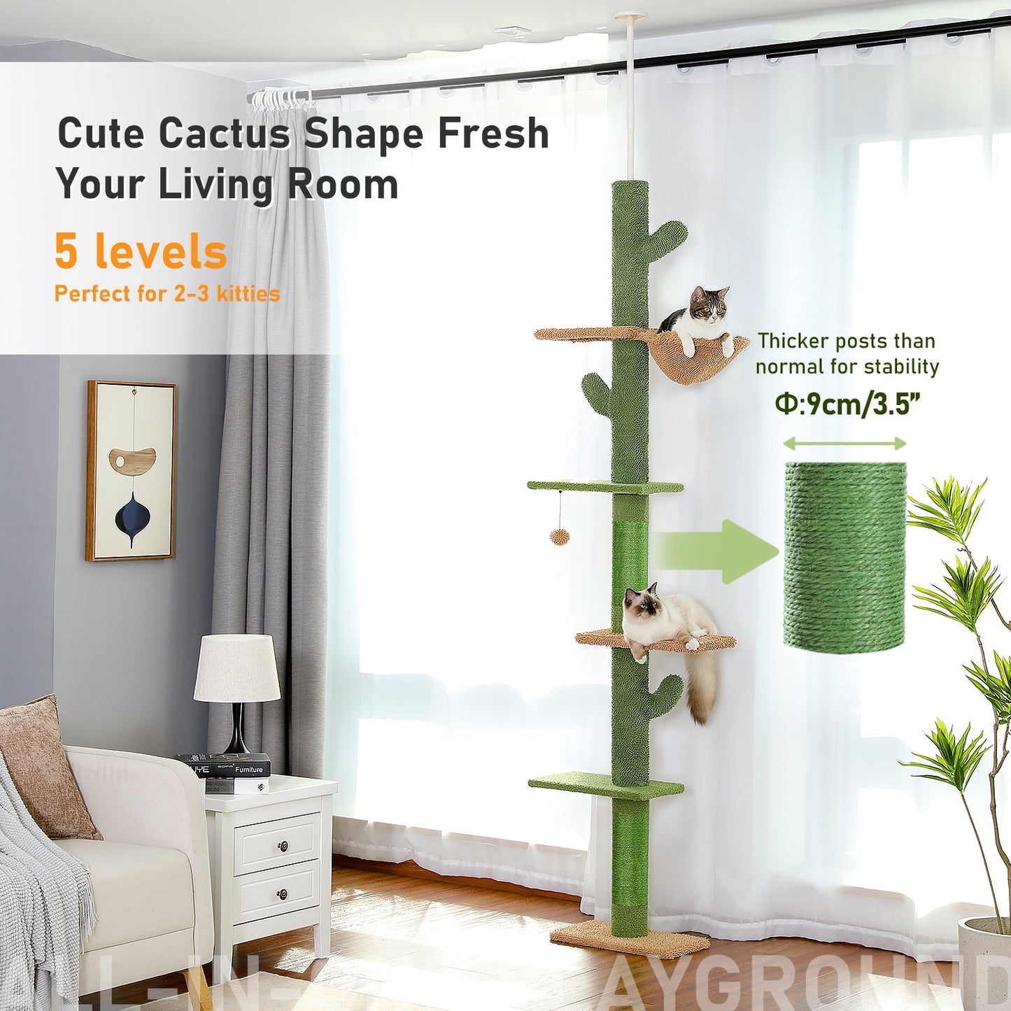 5-Tier Floor to Ceiling Cat Tower Cactus Tall Climbing Tree with Scratching Post