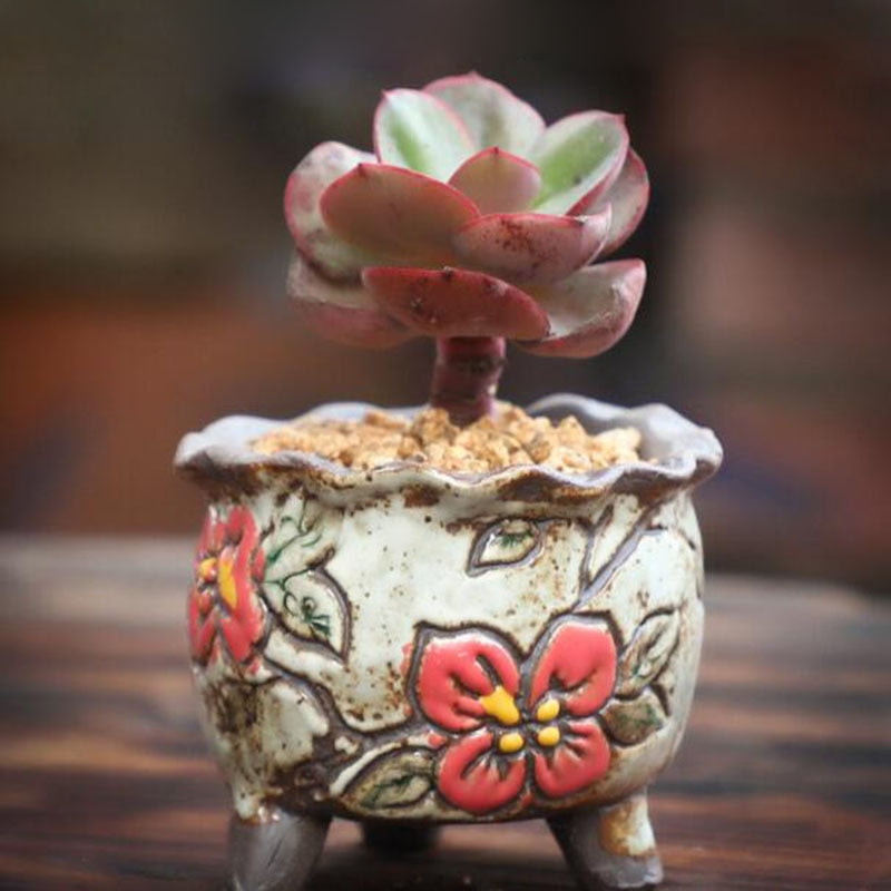 Coarse Pottery Retro Colorful Painted Flower Pot with Foot Stand