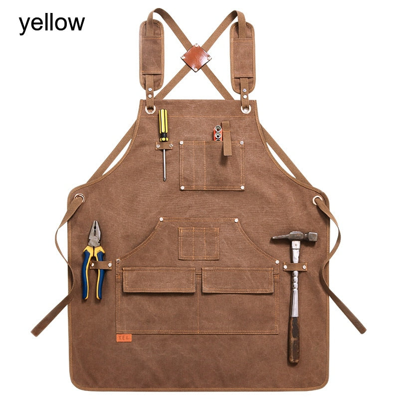 Canvas Work Apron With Tool Pocket - Heavy Duty Crossback Strap Adjustable Apron