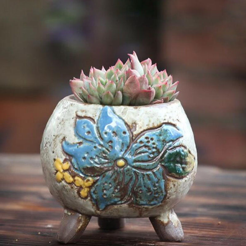 Coarse Pottery Retro Colorful Painted Flower Pot with Foot Stand