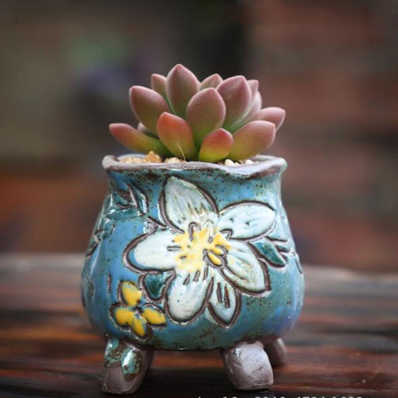 Coarse Pottery Retro Colorful Painted Flower Pot with Foot Stand