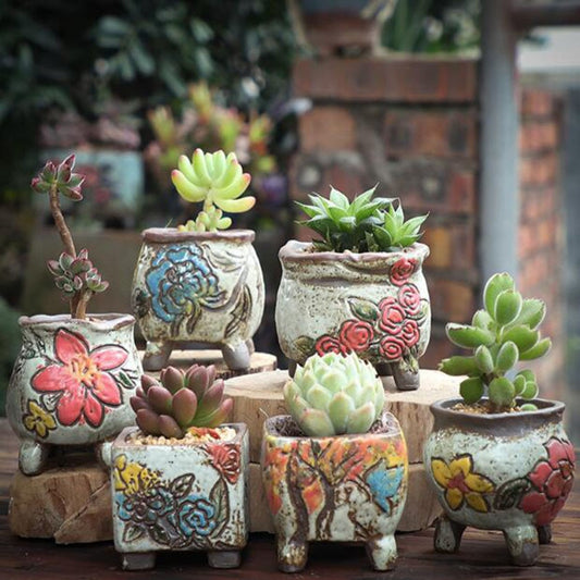 Coarse Pottery Retro Colorful Painted Flower Pot with Foot Stand