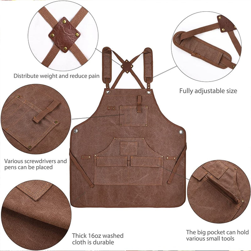 Canvas Work Apron With Tool Pocket - Heavy Duty Crossback Strap Adjustable Apron