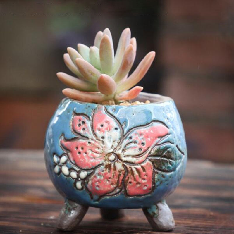 Coarse Pottery Retro Colorful Painted Flower Pot with Foot Stand