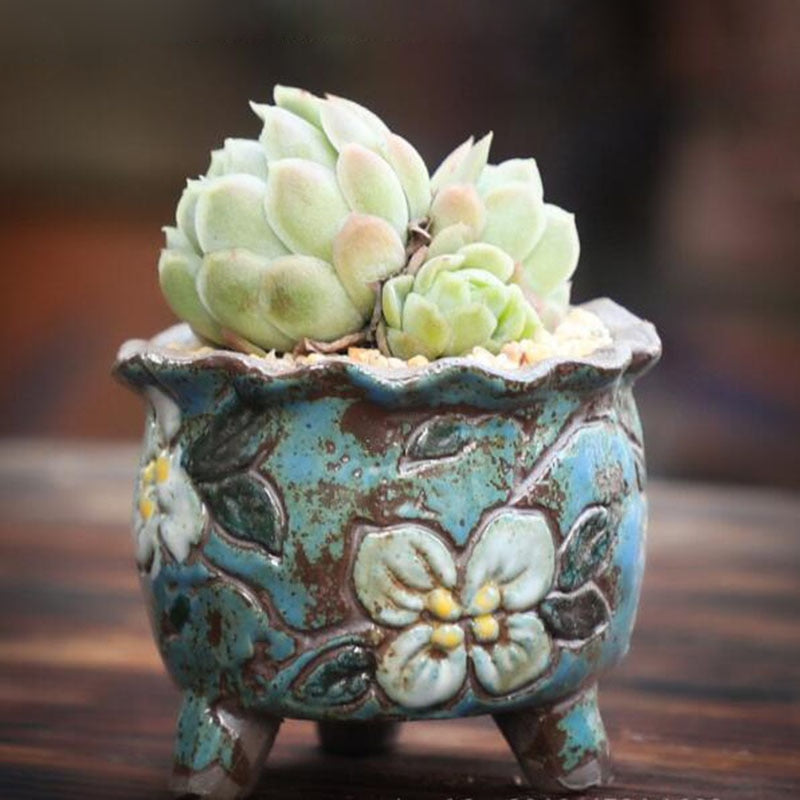 Coarse Pottery Retro Colorful Painted Flower Pot with Foot Stand