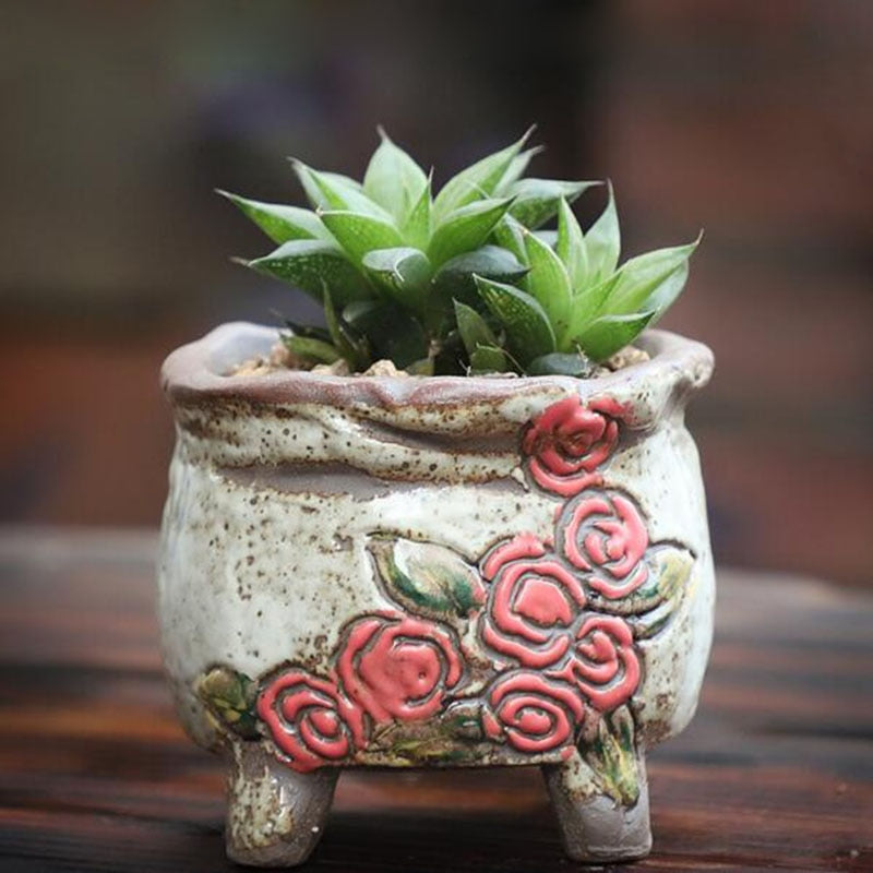 Coarse Pottery Retro Colorful Painted Flower Pot with Foot Stand