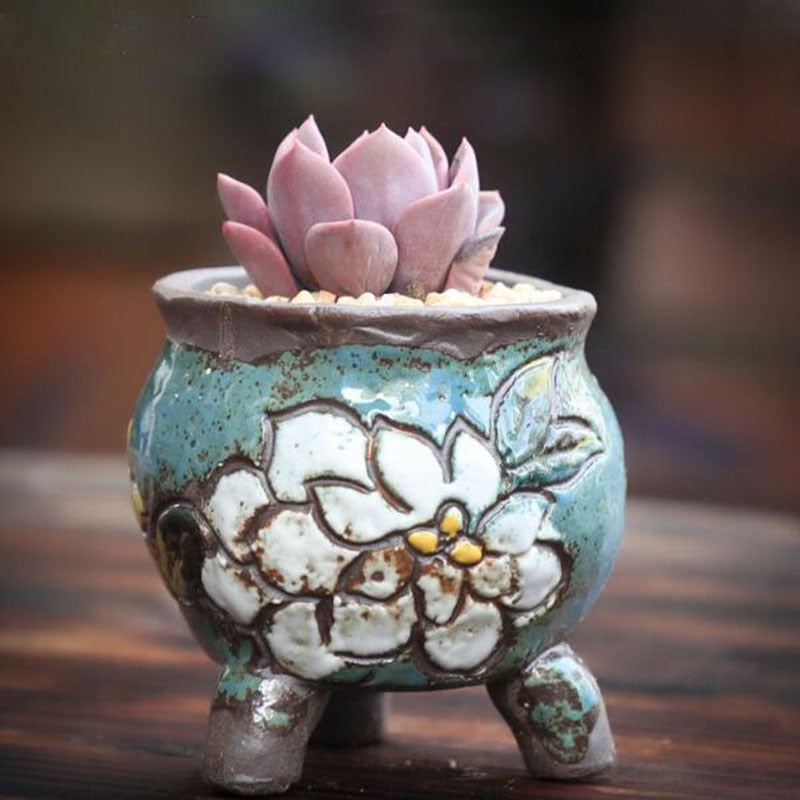 Coarse Pottery Retro Colorful Painted Flower Pot with Foot Stand