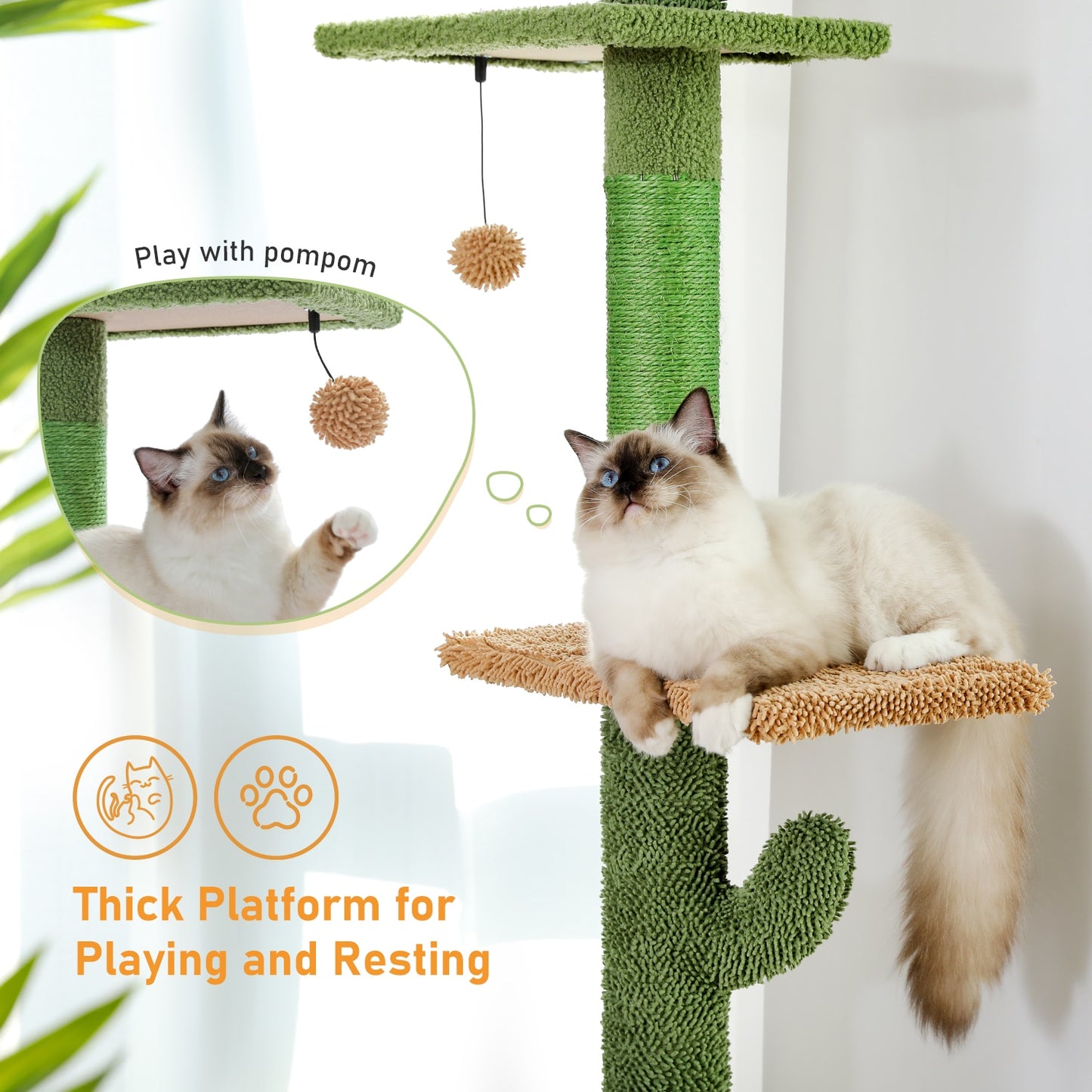 5-Tier Floor to Ceiling Cat Tower Cactus Tall Climbing Tree with Scratching Post