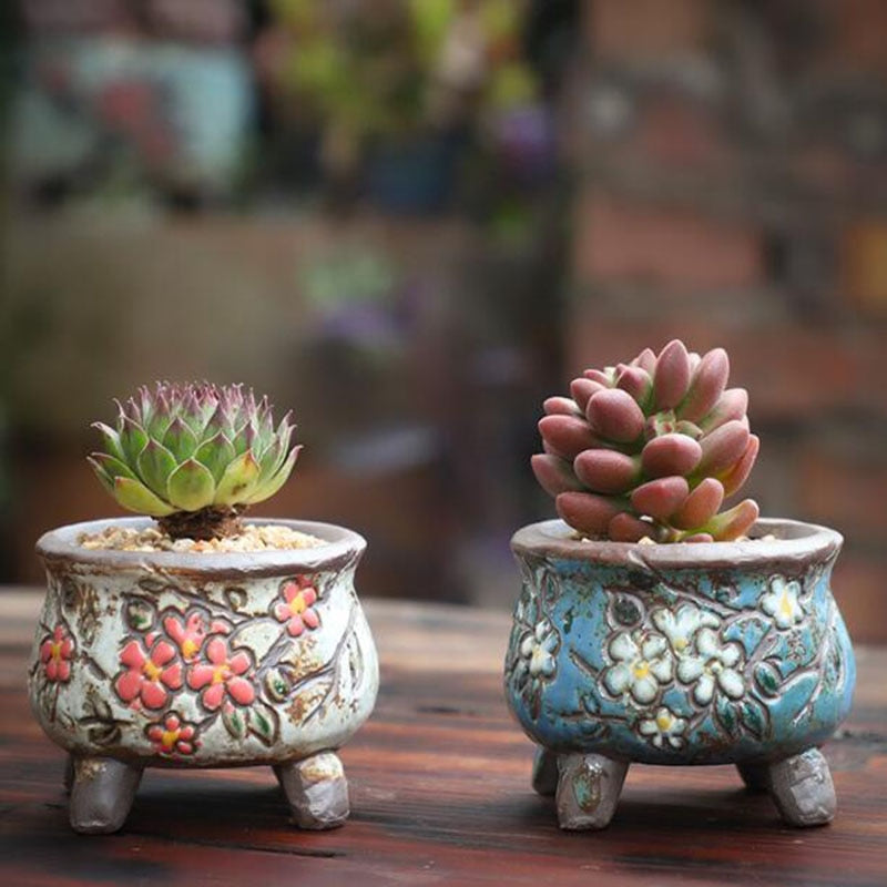 Coarse Pottery Retro Colorful Painted Flower Pot with Foot Stand