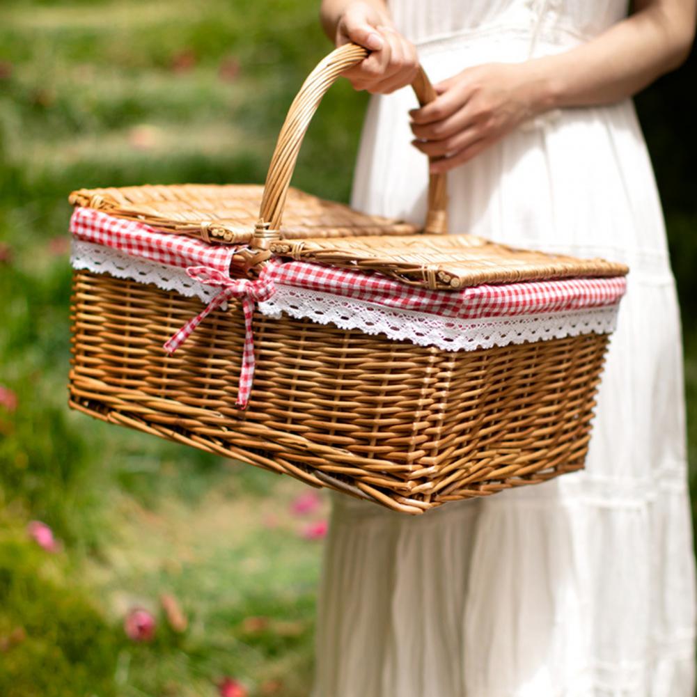 Lace Decor Wicker Woven Picnic Basket Large Capacity