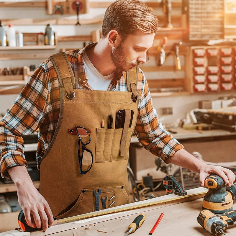 Canvas Work Apron With Tool Pocket - Heavy Duty Crossback Strap Adjustable Apron