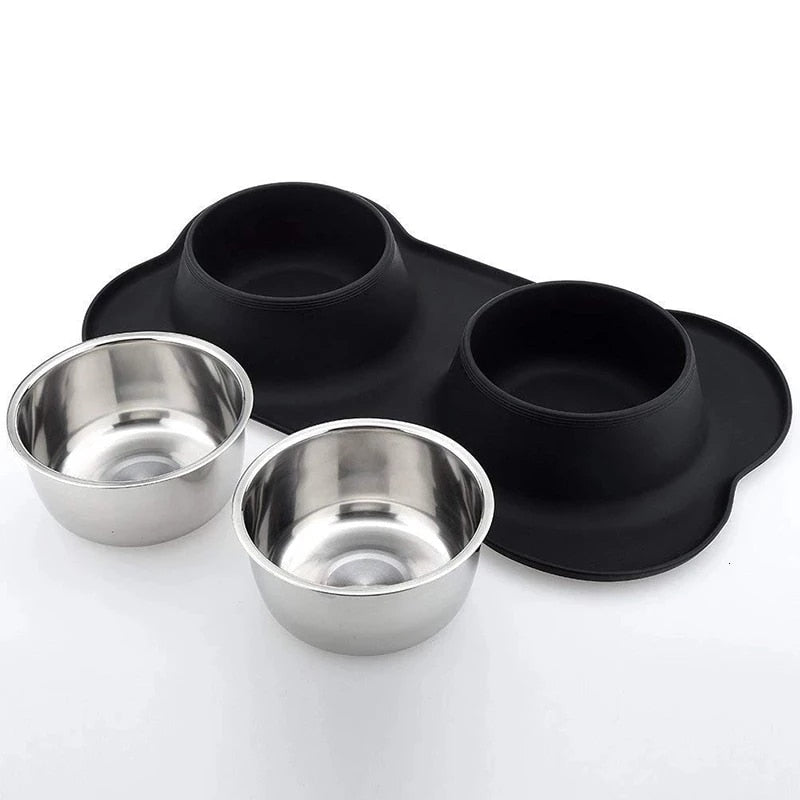 Antislip Double Bowl With Silicone Mat