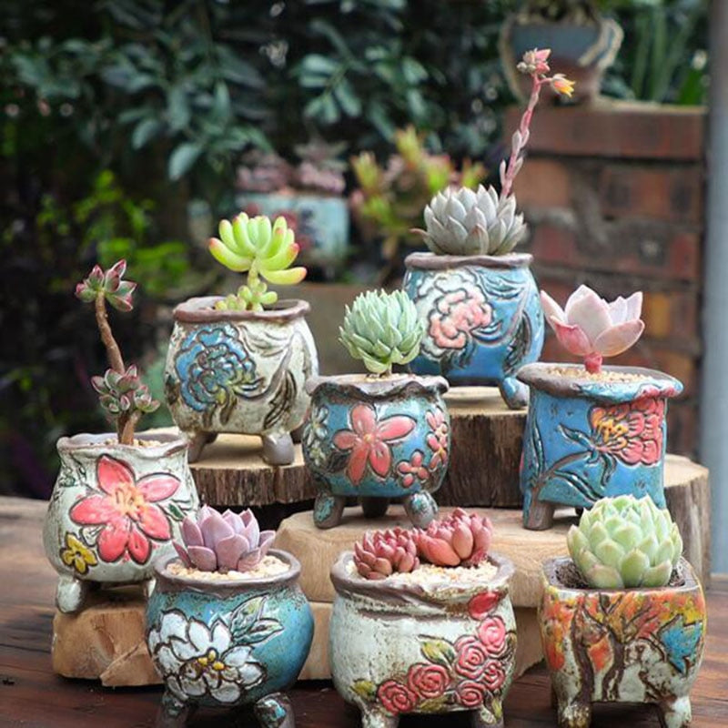 Coarse Pottery Retro Colorful Painted Flower Pot with Foot Stand