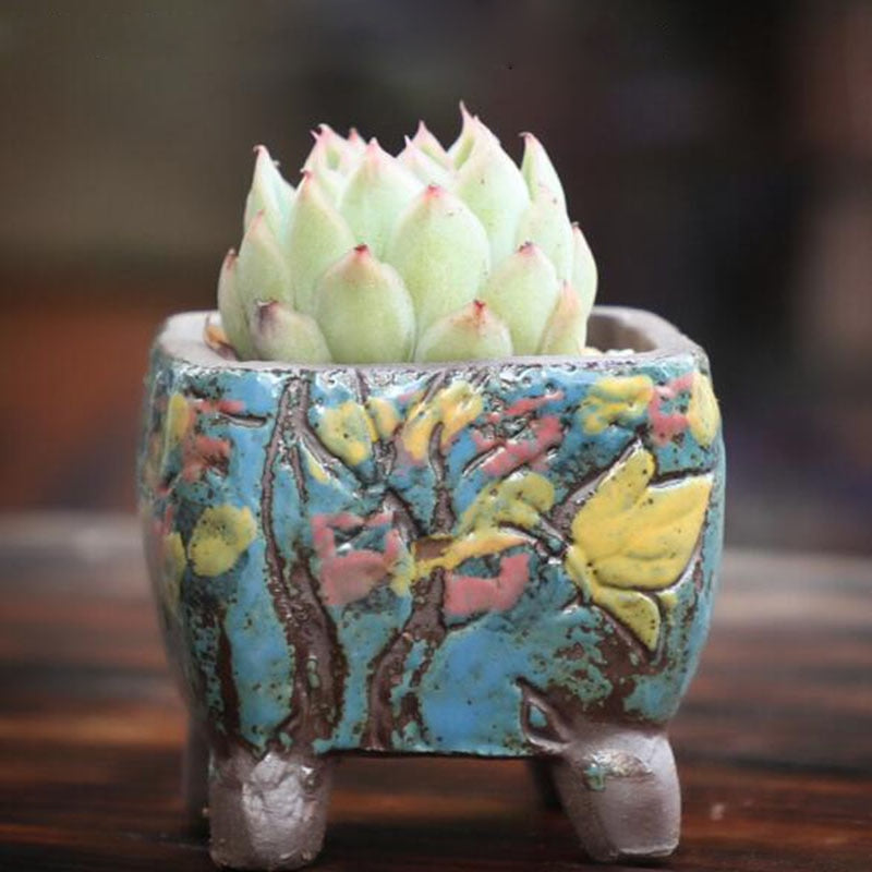 Coarse Pottery Retro Colorful Painted Flower Pot with Foot Stand