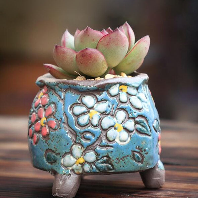 Coarse Pottery Retro Colorful Painted Flower Pot with Foot Stand