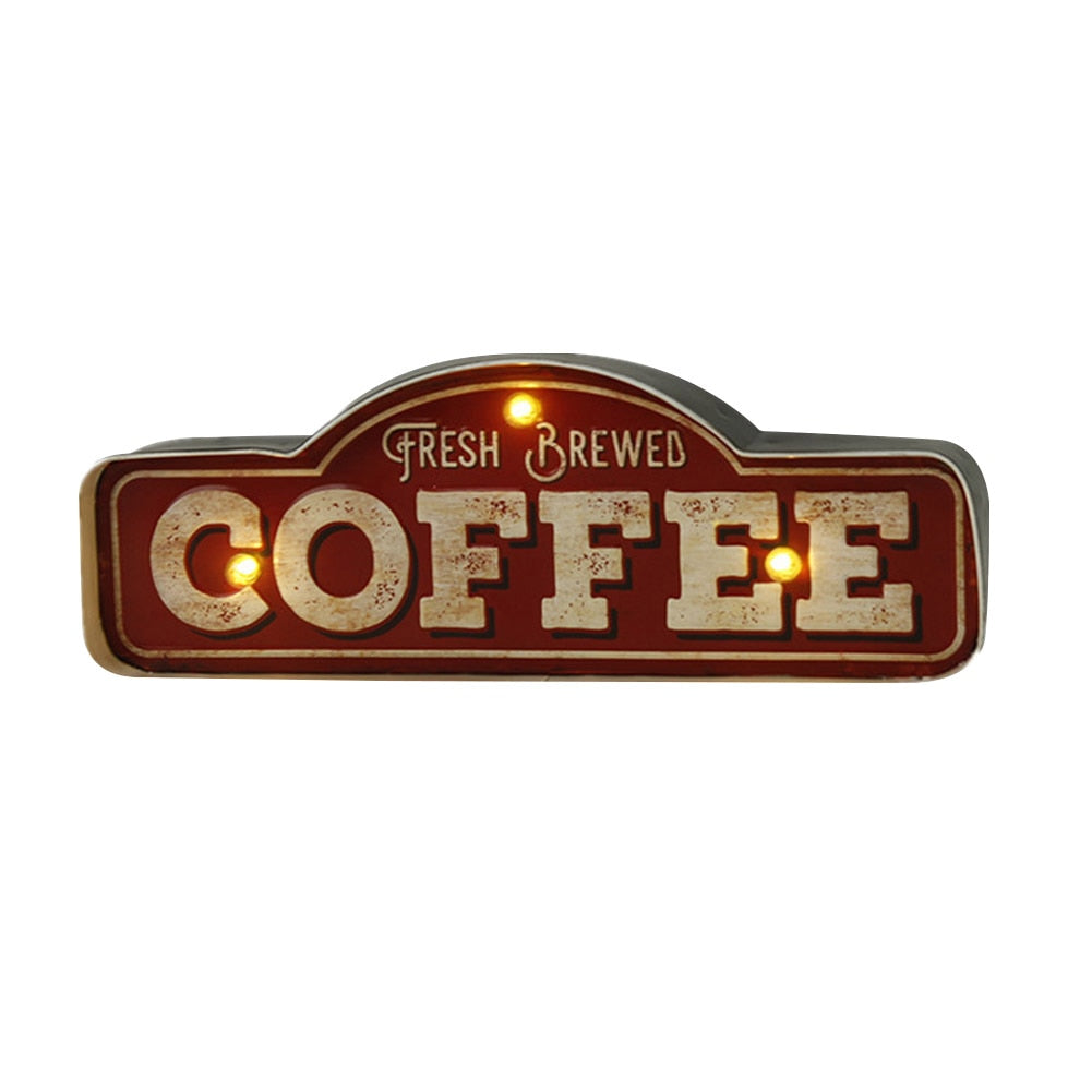 LED Decorative Lights Retro Iron Coffee Style Metal Wall Decorations Practical Durable Art Hanging Light Up Sign for Living Room