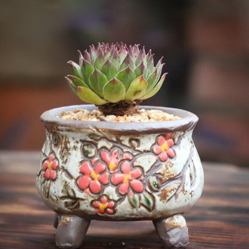 Coarse Pottery Retro Colorful Painted Flower Pot with Foot Stand