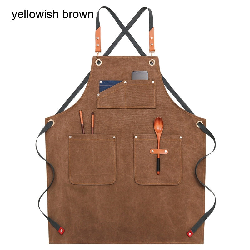 Canvas Work Apron With Tool Pocket - Heavy Duty Crossback Strap Adjustable Apron