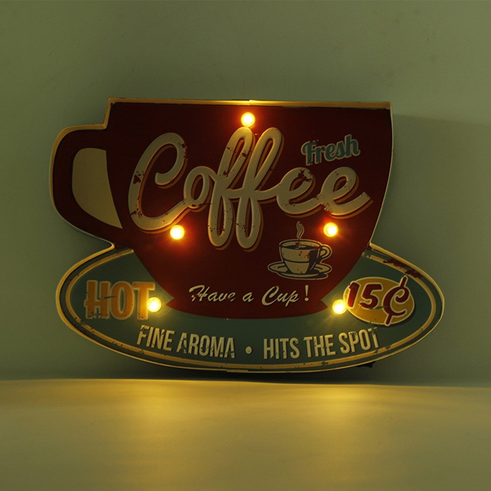 LED Decorative Lights Retro Iron Coffee Style Metal Wall Decorations Practical Durable Art Hanging Light Up Sign for Living Room